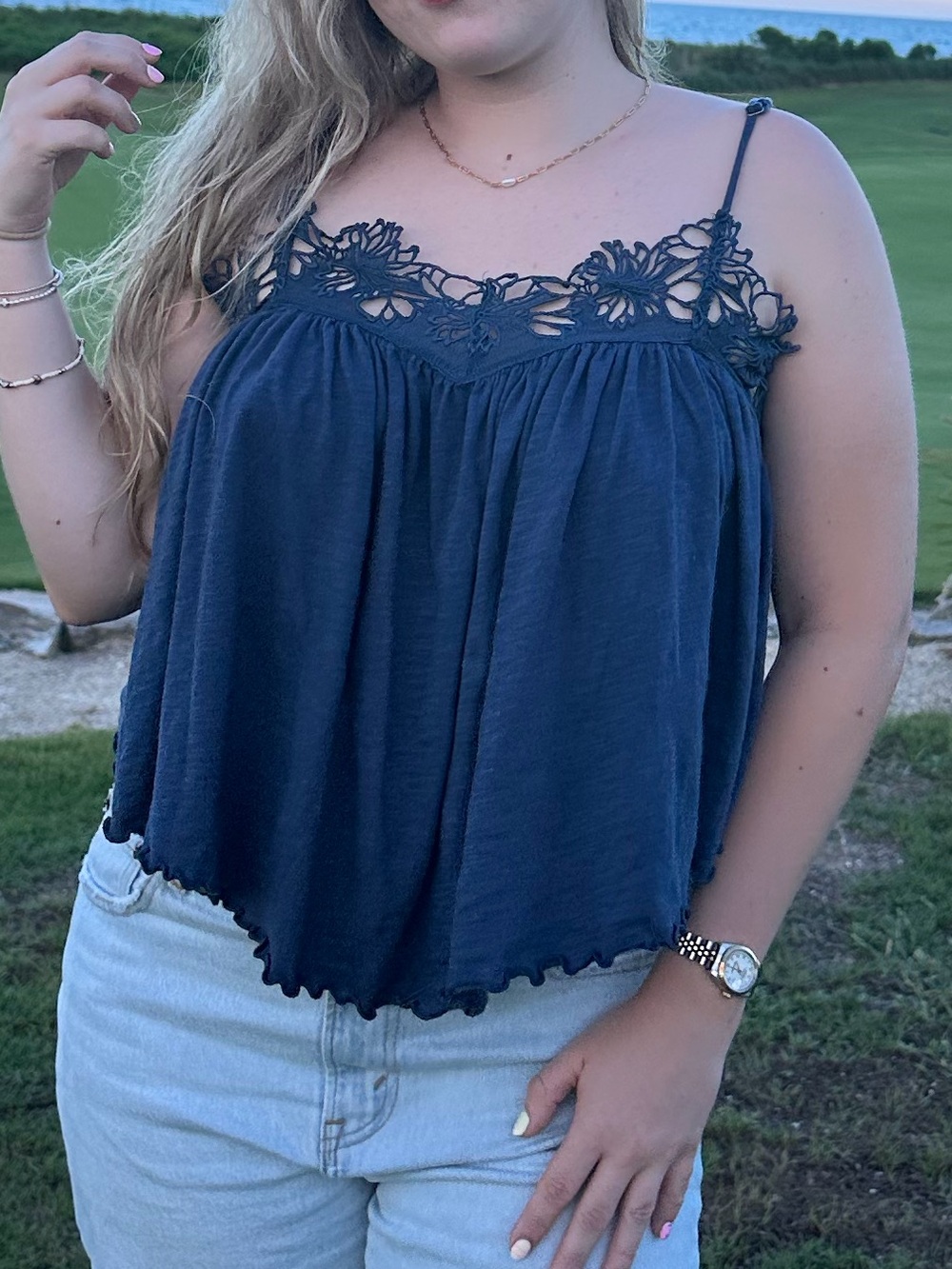 Free People Navy Lace-Trim Spaghetti Strap Camisole